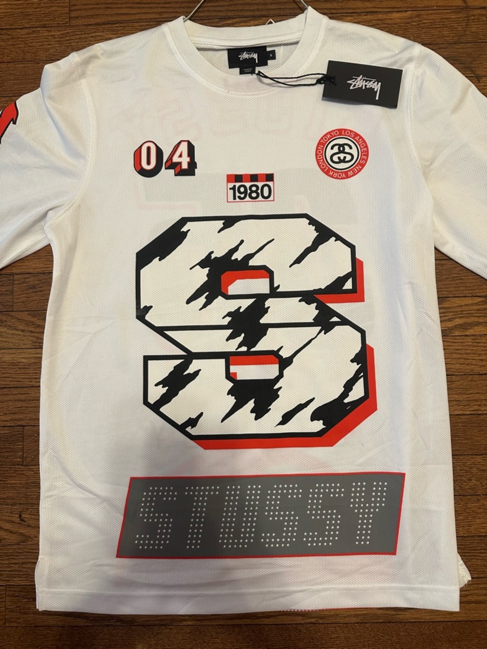 Stussy White Long Sleeve Tee with Black & Red Graphic 'S' - Picture 2 of 8